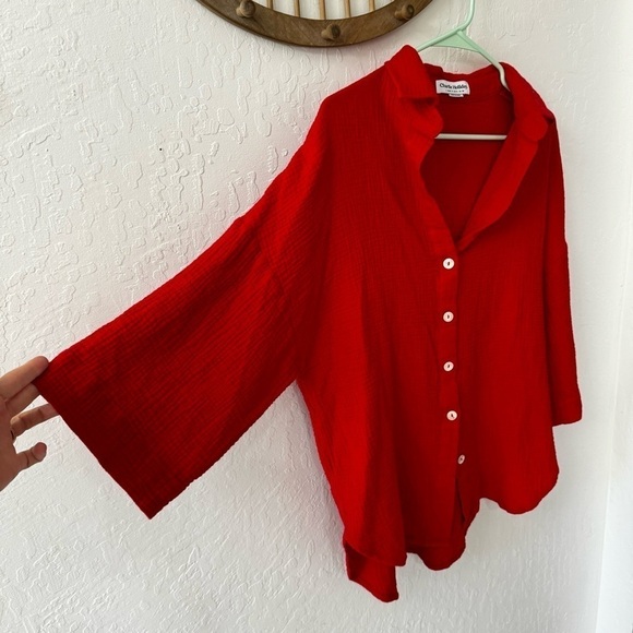 Charlie Holiday Red Cotton Gauze Harlow Button Down 3/4 Casual Oversized Shirt 6 - Picture 6 of 12